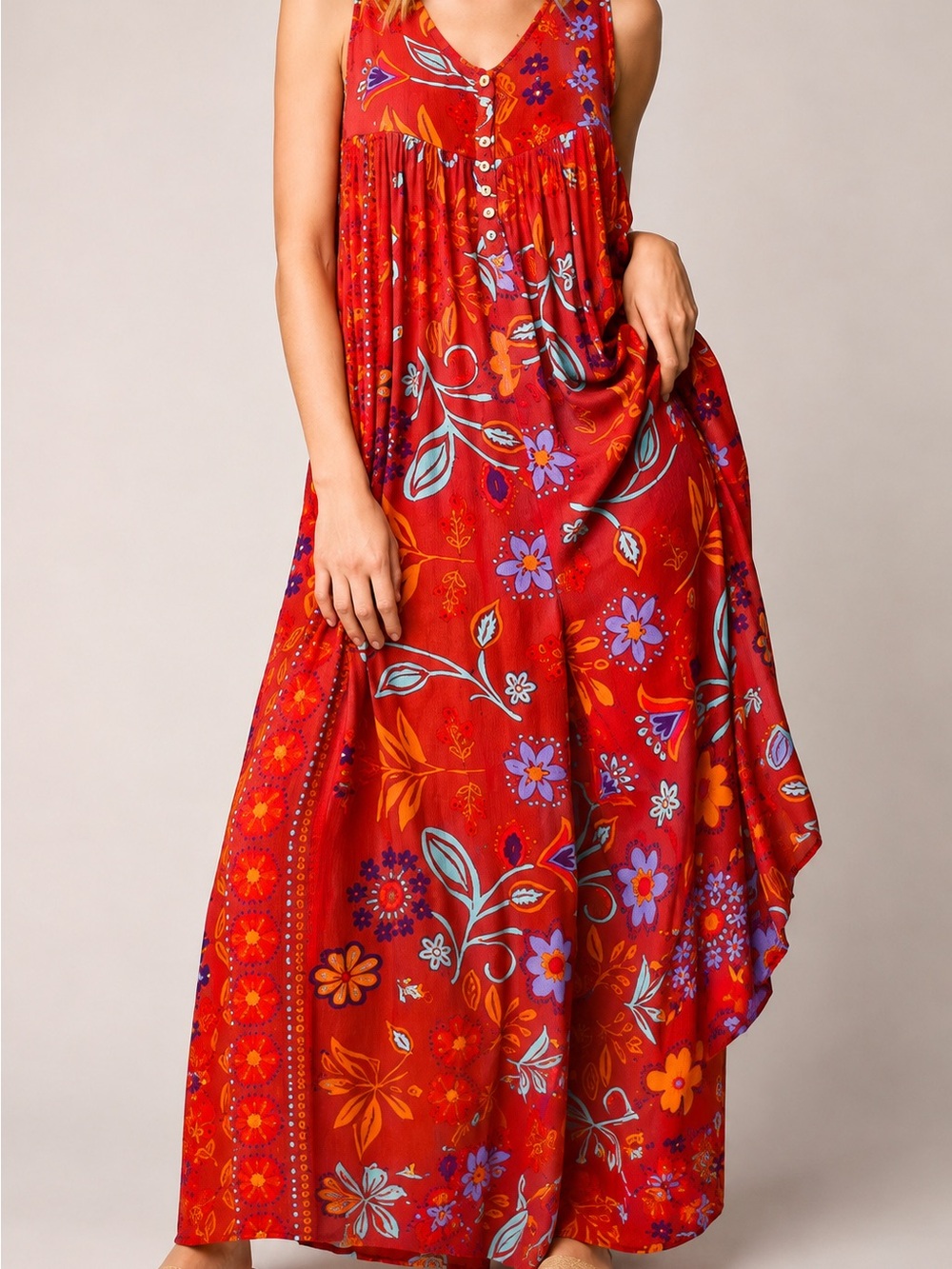 Easel Los Angeles Red Floral Boho Wide-Leg Jumpsuit – Size M